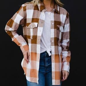 Brown Ivory Bleached Gradient Cotton Plaid Flannel Shacket